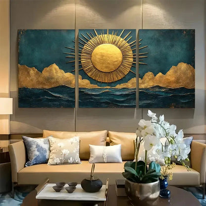 3pcs Golden Sunburst with Teal and Gold Design Metal Print Ready to Hang Art
