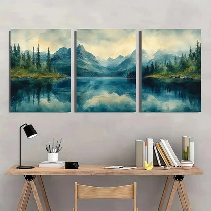 3pcs Mountain Lake Watercolor Glacier Park Metal Print Ready to Hang Art