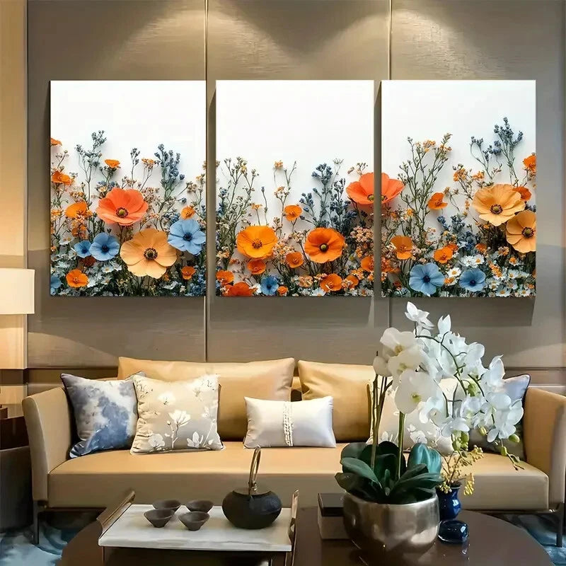 3pcs Muted Wild Flowers On White Background Metal Print Ready to Hang Art