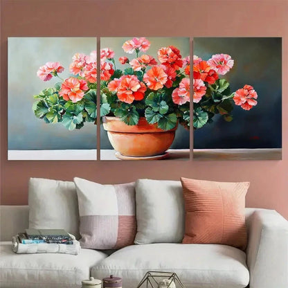 3pcs Pelargonium Flowers in Pot Garden Design Metal Print Ready to Hang Art
