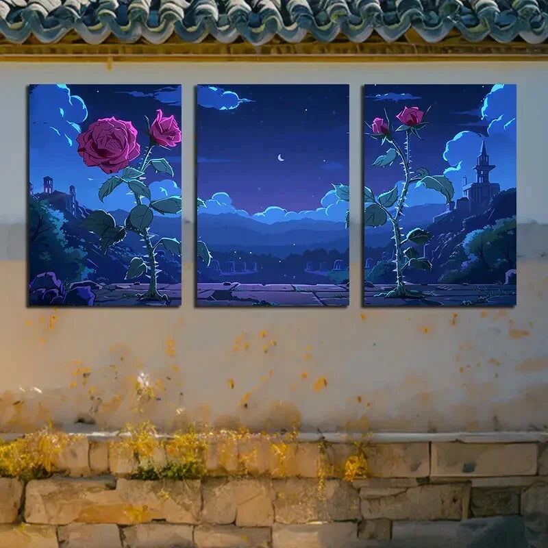 3pcs Elegant Roses Night Themed Design Metal Print Ready to Hang Art