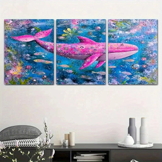 3pcs Whale Pink Ocean Painting Underwater Metal Print Ready to Hang Art