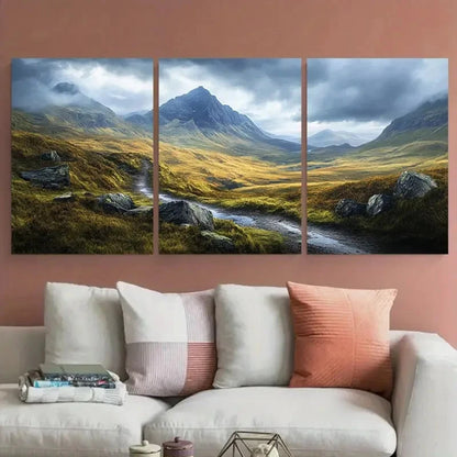 3pcs Celtic Highlands Moody Mountain Landscape Wall Art Set Canvas Framed 60x90cm - High Quality Print 100% Australian Made Wall Canvas Ready to Hang