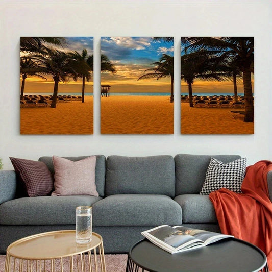 3pcs Sunset Palm Trees Beach Blue Sky Metal Print Ready to Hang Art