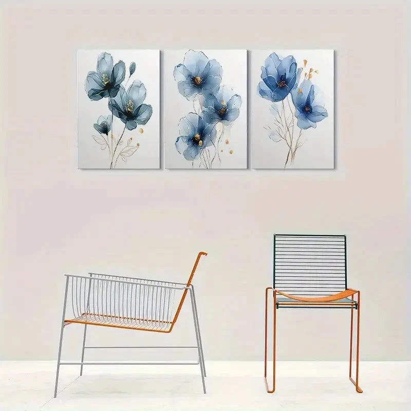 3pcs Modern Abstract Blue Floral Wall Art Set Canvas Framed 60x90cm - High Quality Print 100% Australian Made Wall Canvas Ready to Hang