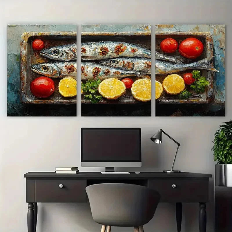 3pcs Sardine Seafood Fish Impasto Design Metal Print Ready to Hang Art