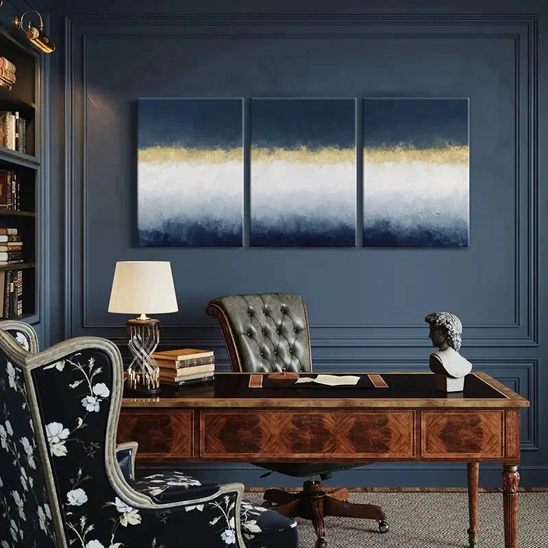 3pcs Abstract Art Golden Accent White Waves Metal Print Ready to Hang Art