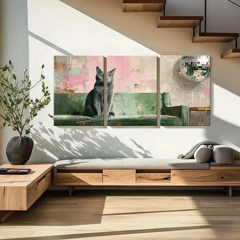 3pcs Urban Chic Green Sofa & Disco Ball Design Metal Print Ready to Hang Art