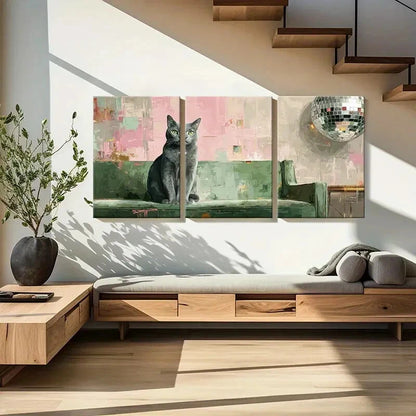 3pcs Urban Chic Green Sofa & Disco Ball Design Metal Print Ready to Hang Art