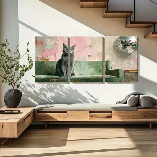 3pcs Urban Chic Green Sofa & Disco Ball Design Metal Print Ready to Hang Art