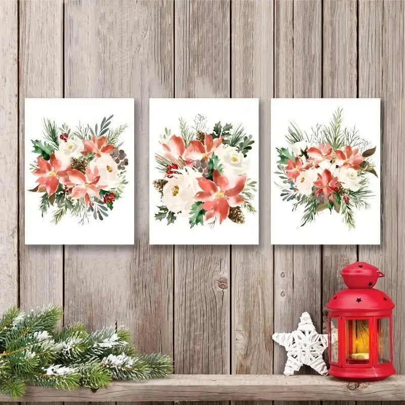 3pcs Botanical Red Flowers Green Leaves Metal Print Ready to Hang Art