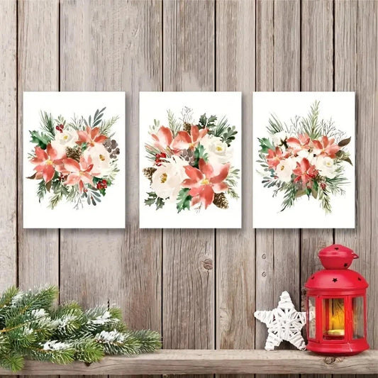 3pcs Botanical Red Flowers Green Leaves Metal Print Ready to Hang Art