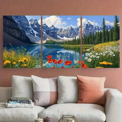 3pcs Moraine Lake Banff National Park Wildflower Wall Art Set Canvas Framed 60x90cm - High Quality Print 100% Australian Made Wall Canvas Ready to Hang