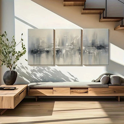 Modern living room with wooden furniture, abstract wall art, and a plant.