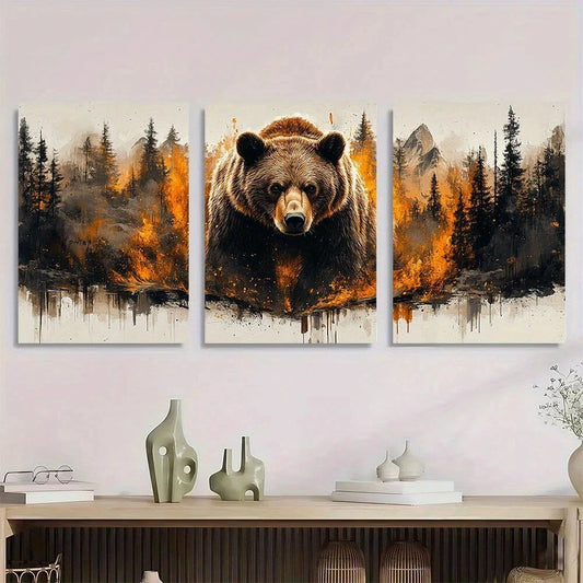 3pcs Abstract Brown Bear Modern Nature Metal Print Ready to Hang Art