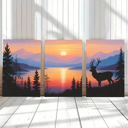3pcs Deer Sunset Mountains Pine Trees Metal Print Ready to Hang Art