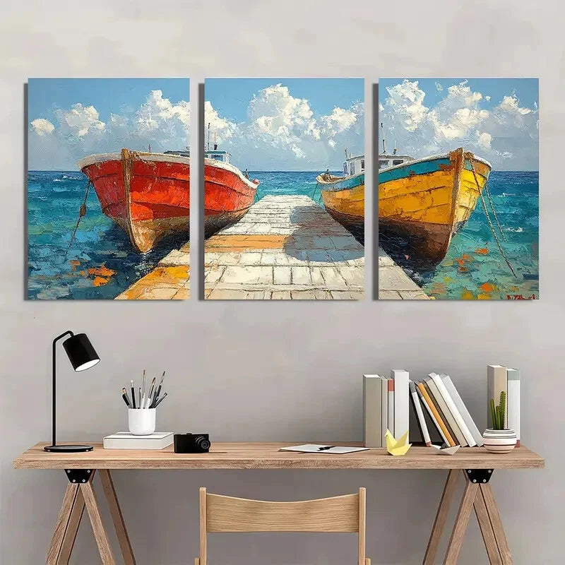 3pcs Coastal Boat Paintings - Oil Impasto Artwork Metal Print Ready to Hang Art
