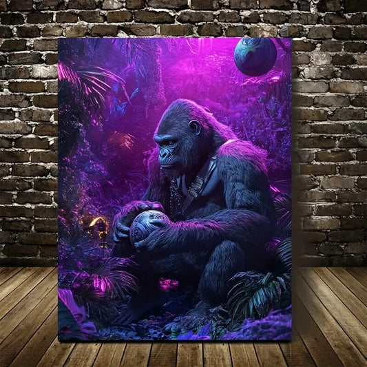 Steampunk Gorilla In Neon Jungle Painting 40x60cm Metal Print Ready to Hang