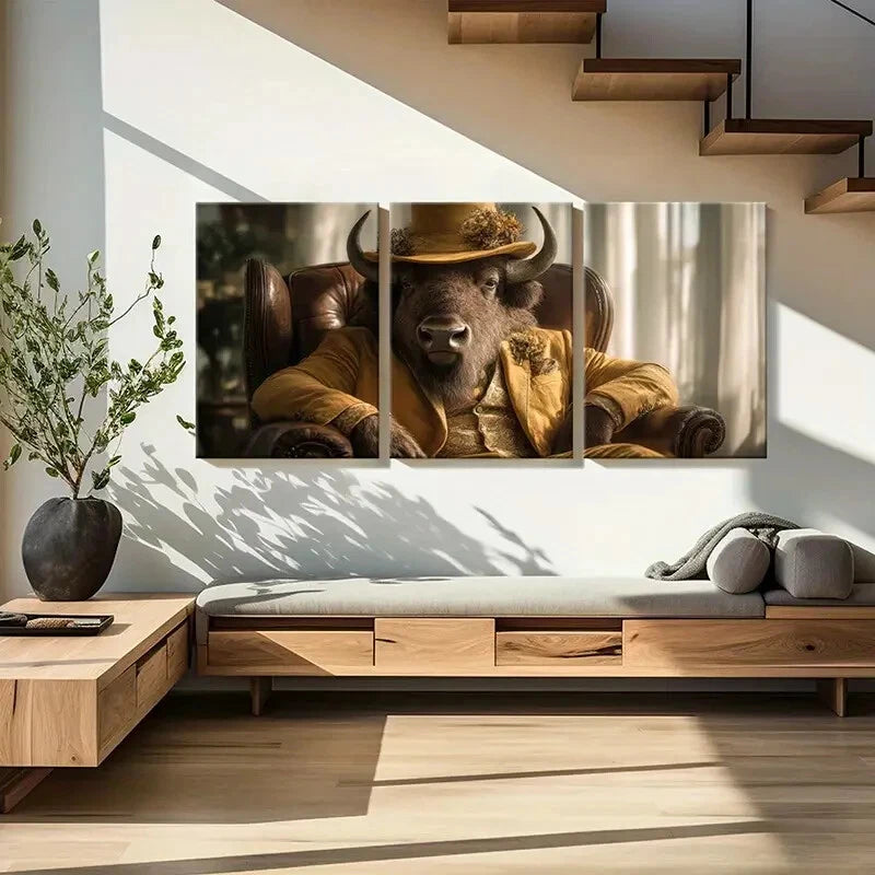 3pcs Elegant Buffalo In Golden Suit Rustic Charm Metal Print Ready to Hang Art