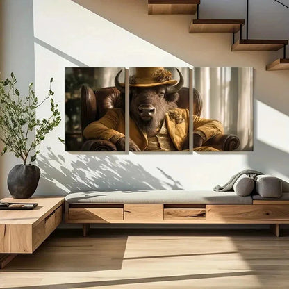 3pcs Elegant Buffalo In Golden Suit Rustic Charm Metal Print Ready to Hang Art
