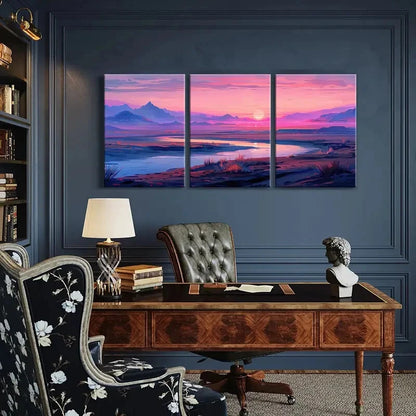 3pcs Sunset Over Mountains Pink Sky Serene Lake Metal Print Ready to Hang Art