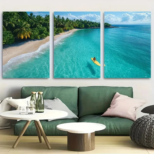 3pcs Surfer Floating By Sandy Beach Metal Print Ready to Hang Art