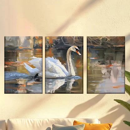 3pcs Vibrant White Swan in Autumnal Landscape Wall Art Set Canvas Framed 60x90cm - High Quality Print 100% Australian Made Wall Canvas Ready to Hang