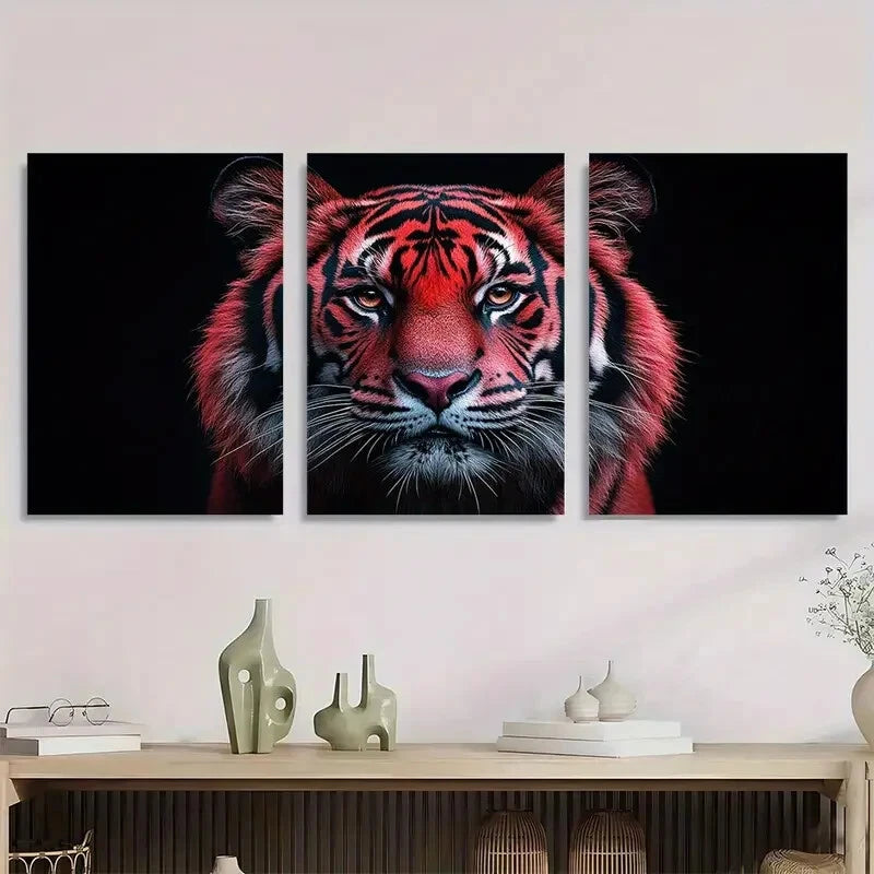 3pcs Vibrant Pink & Orange Tiger Metal Print Ready to Hang Art