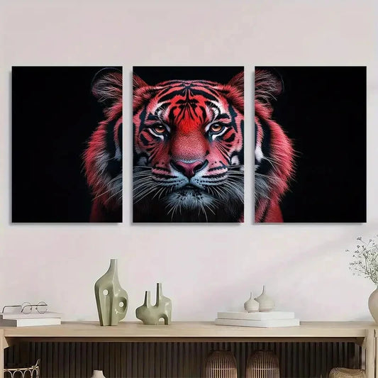 3pcs Vibrant Pink & Orange Tiger Metal Print Ready to Hang Art