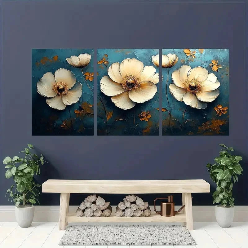 3pcs Modern Elegant Golden & White Floral Metal Print Ready to Hang Art