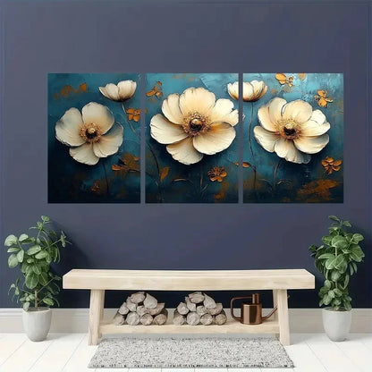 3pcs Modern Elegant Golden & White Floral Metal Print Ready to Hang Art