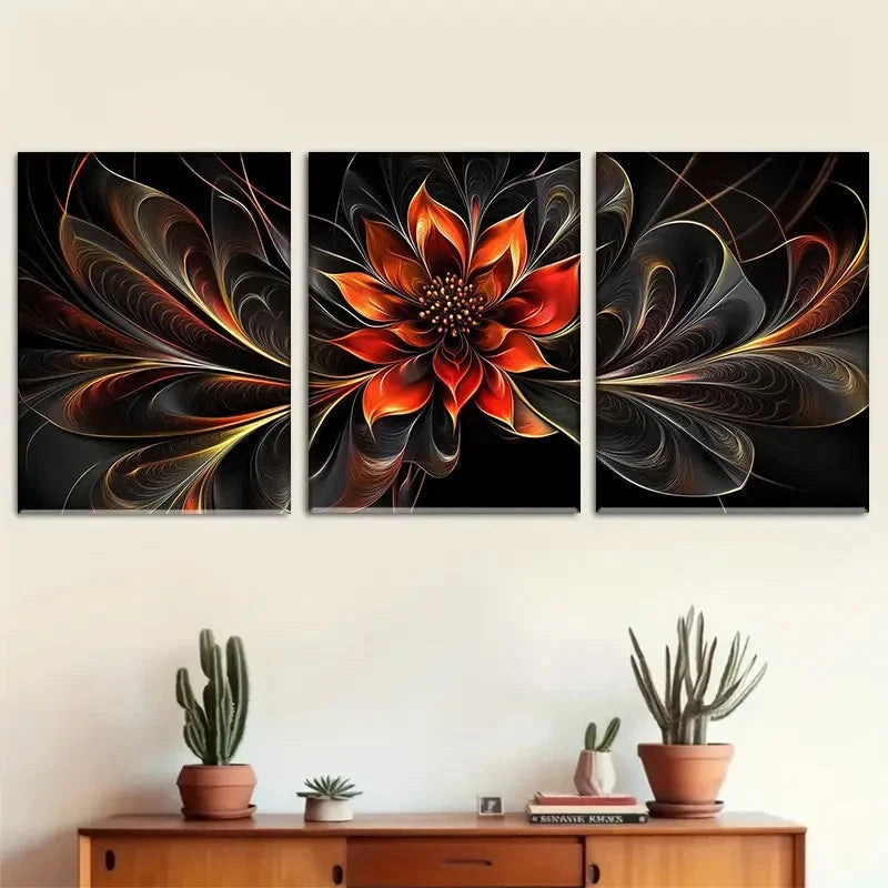 3pcs Floral Art with Intricate Golden Details Metal Print Ready to Hang Art