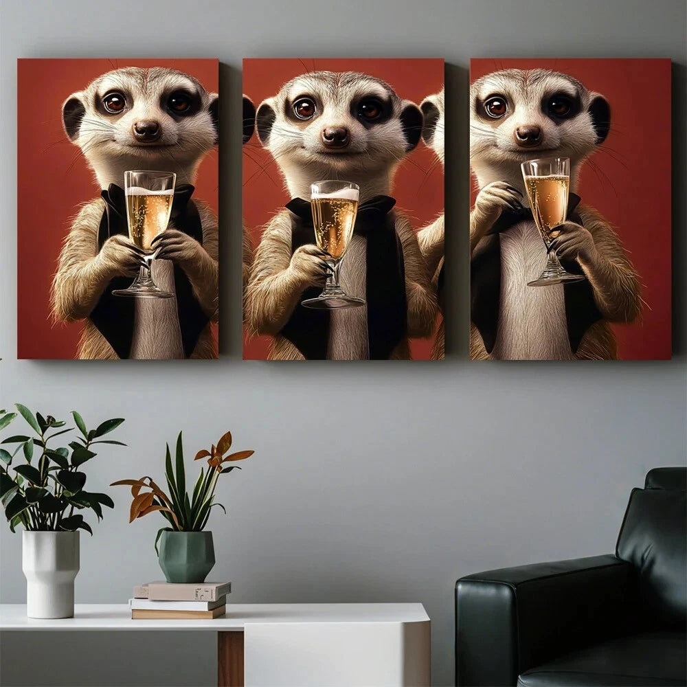 3pcs Modern Animal and Wine Cup Design Metal Print Ready to Hang Art