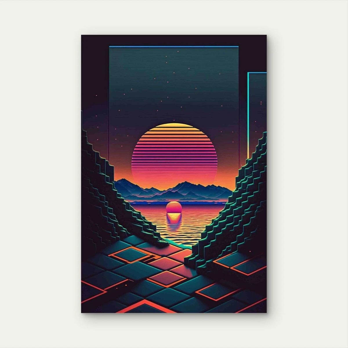 Retro Neon Sunset 40x60cm Metal Print Ready to Hang
