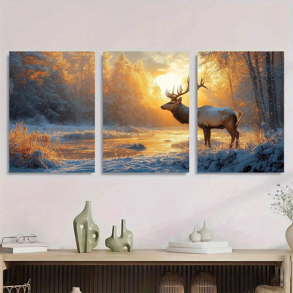 3pcs Realistic Deer in Winter Forest Scene Metal Print Ready to Hang Art