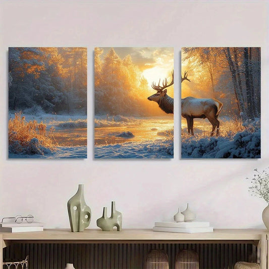 3pcs Realistic Deer in Winter Forest Scene Metal Print Ready to Hang Art