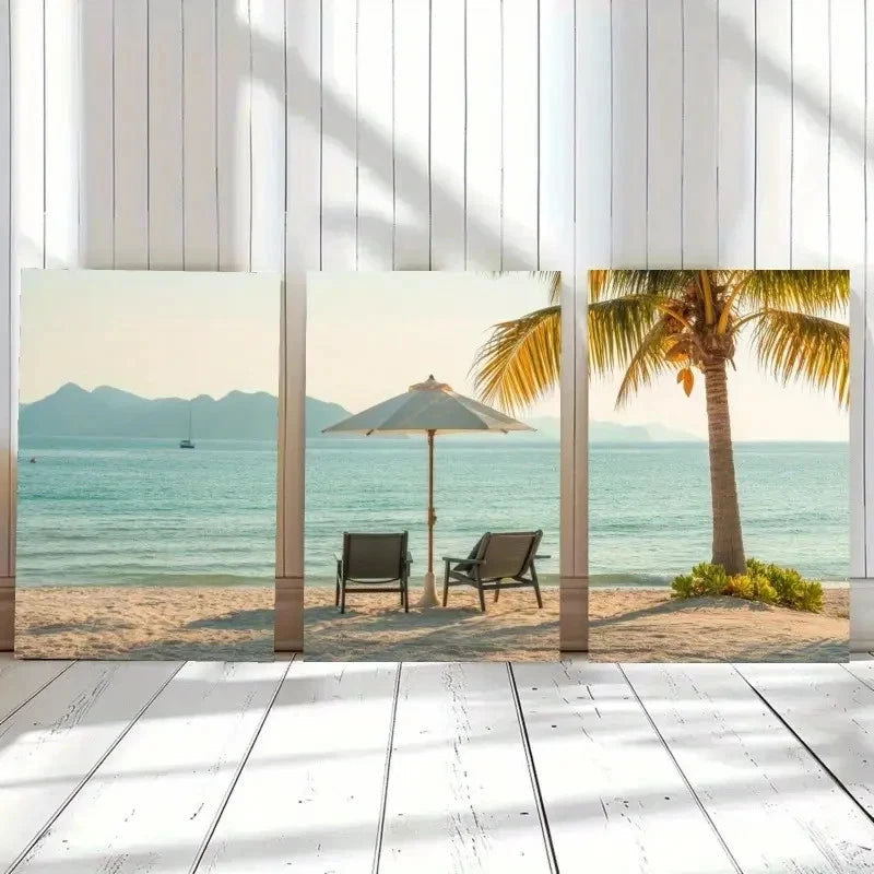 3pcs Palm Tree Beach Chairs Sun Umbrella Metal Print Ready to Hang Art
