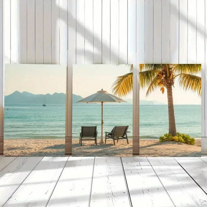 3pcs Palm Tree Beach Chairs Sun Umbrella Metal Print Ready to Hang Art