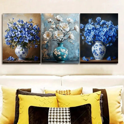 3pcs Canvas Painting Blue And White Vase Metal Print Ready to Hang Art