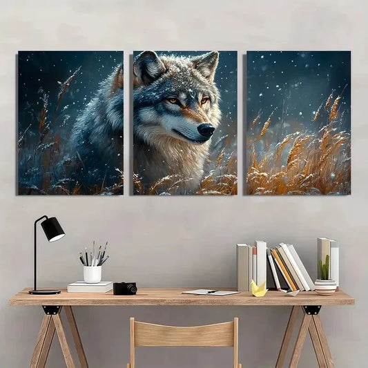3pcs Shaped Animal Theme Wolf Snow Wall Art Set Canvas Framed 60x90cm - High Quality Print 100% Australian Made Wall Canvas Ready to Hang