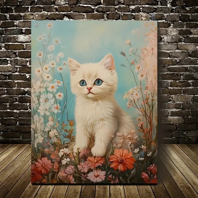 Cute Ragdoll Kitten with Flowers Painting 40x60cm Metal Print Ready to Hang