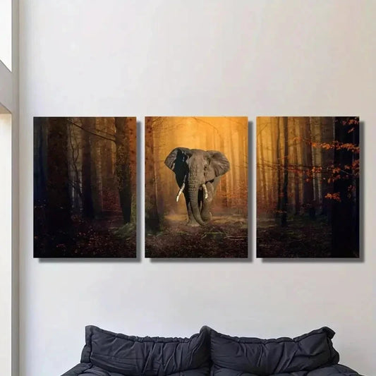 3pcs Elephant in Forest Vibrant Jungle Scene Metal Print Ready to Hang Art
