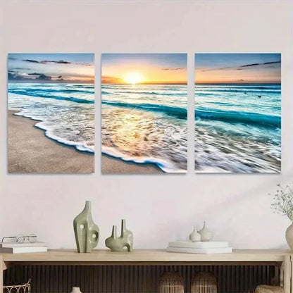 3pcs Beach Sunset Vibrant Sunset & Waves Wall Art Set Canvas Unframed - High Quality Print 100% Australian Made Wall Canvas