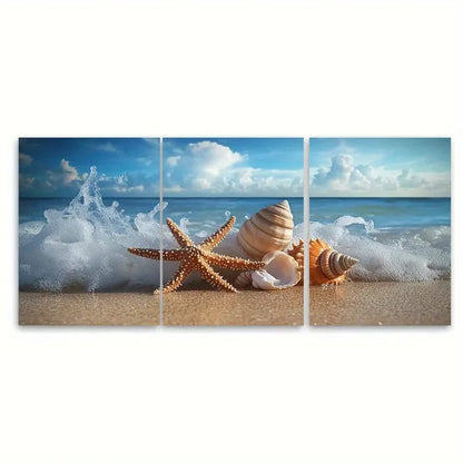 3pcs Coastal Beach Photography Starfish & Shells Wall Art Set Canvas Framed 40x60cm - High Quality Print 100% Australian Made Wall Canvas Ready to Hang