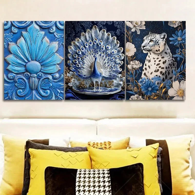 3pcs Elegant Blue Peacock And White Leopard Wall Art Set Canvas Framed 50x70cm - High Quality Print 100% Australian Made Wall Canvas Ready to Hang