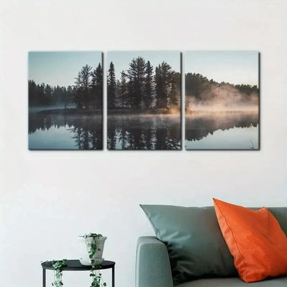 3pcs Trees with Misty Lake Reflection Painting Metal Print Ready to Hang Art