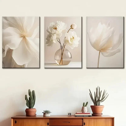 3pcs Beige Pure Flowers Floral Wall Art Metal Print Ready to Hang Art