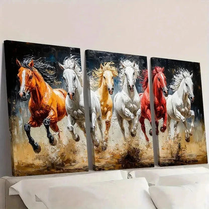 3pcs Vintage White Brown Red Running Horses Wall Art Set Canvas Framed 40x60cm - High Quality Print 100% Australian Made Wall Canvas Ready to Hang