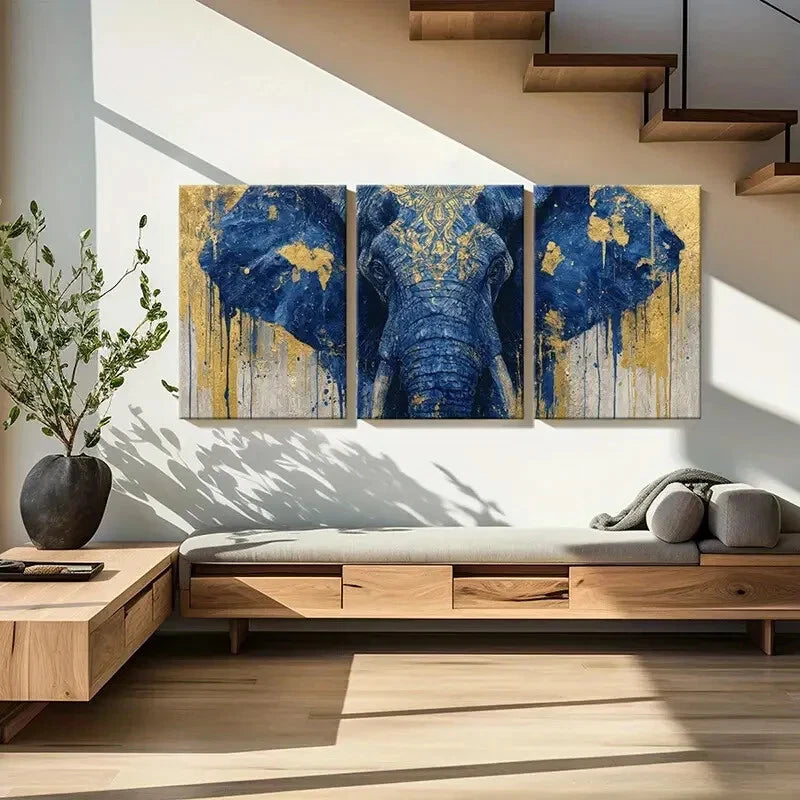 3pcs Blue Elephant Art Golden Accents Abstract Metal Print Ready to Hang Art