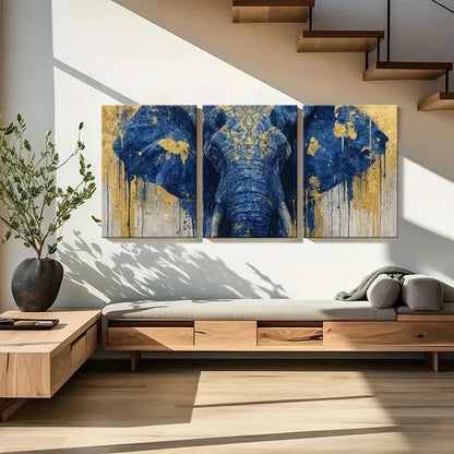 3pcs Blue Elephant Art Golden Accents Abstract Metal Print Ready to Hang Art